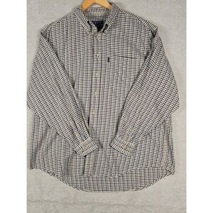 IZOD Mens XL Long Sleeve Button Down Shirt Plaid Check Cotton Navy Tan White